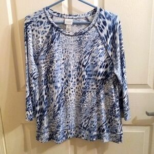Chico's Weekends 1 Leopard Geo Print Scoopneck Top Blue and White SOFT GUC